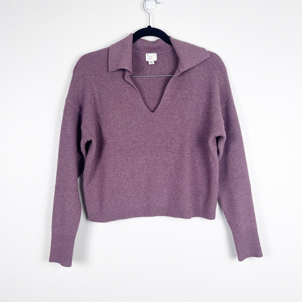 A New Day Women's V Neck Collared Ribbed Sweater Purple‎ Sz M